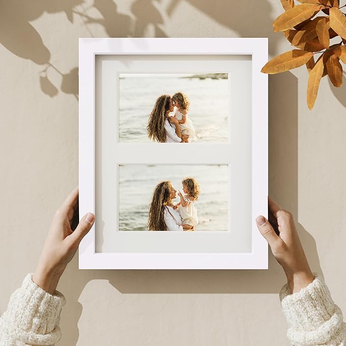 Vittanly 8x10 Collage Picture Frame, Displays 2Pcs 4x6 Pictures with Mat or 1Pcs 8x10 without Mat, Photo Frame for Wall Mounting or Table Top with Stand, White, 1 Pack