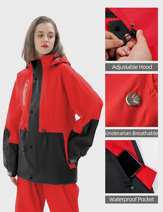 Rain Suit for Women Waterproof Hooded Rain Gear Rain Jacket and Pants 2 Piece Breathable Rain Coat Outdoor