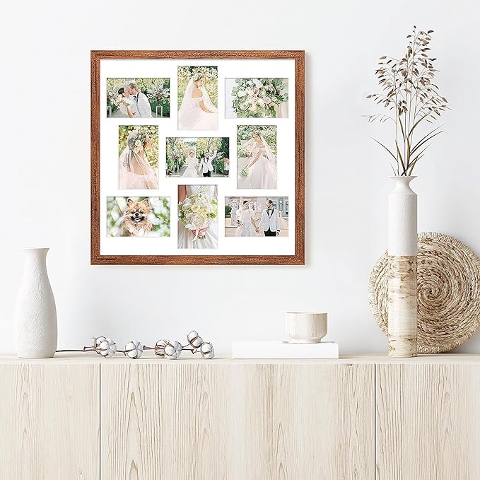 17x17 Collage frame with 9 Openings 4X6 Pictures, Multiple Picture Frame with Mat, Wall or Tabletop Decor, Carbonized Brown Wood Grain,2 Pack