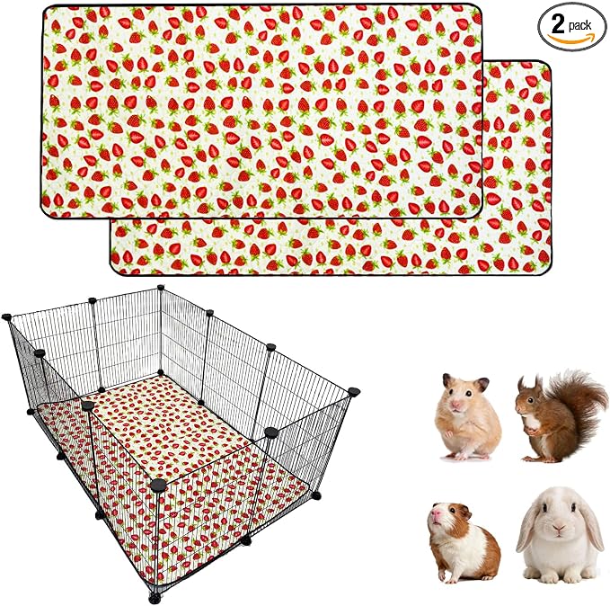 2 Pack Guinea Pig Cage Liners, 24"x 36" Washable Waterproof Bedding for Rabbit, Bunny, Hamster & Small Animals, Reusable Super Absorbent Pee Pads for C&C Cage, Strawberry Print