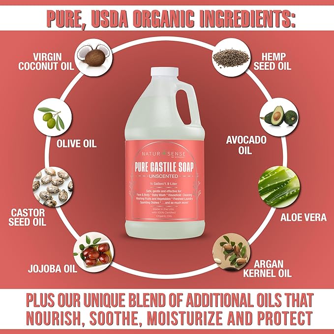 NTRSNS NaturSense Pure Castile Soap. Unscented, Made with 100% Certified Organic Oils, Gentle Personal & Baby Wash, Safe & Effective Household Cleaning - 1 Gallon total w/pump, 64oz x 2 Bottles