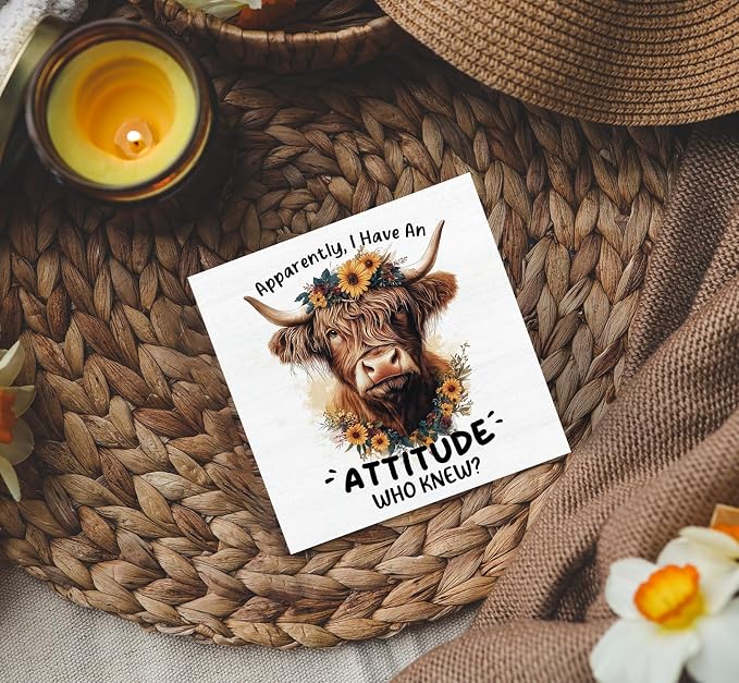 Highland Cow Sign, Farm Cottagecore Animal Office Kitchen Bedroom Decor, Apparently I Have an Attitude Who Knew Wooden Box Signs, Apparently Highland Cow Gifts for Women Men 5x5 in