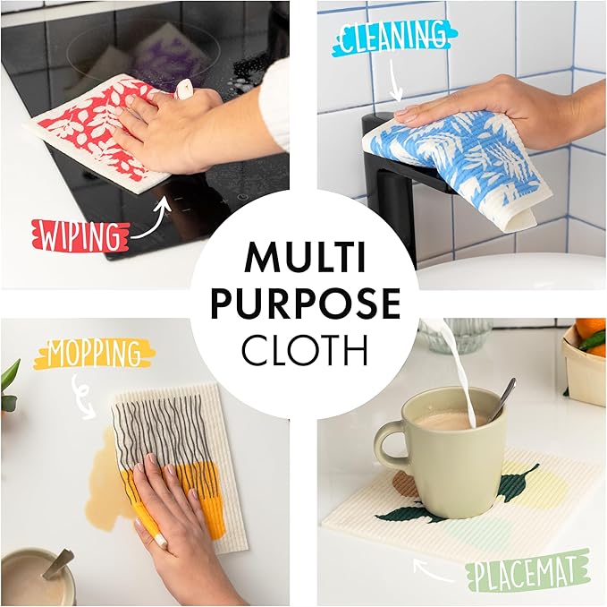 SUPERSCANDI 5 Pack Swedish Dishcloths for Kitchen - 100% Biodegradable & Compostable | Reusable Paper Towels Washable, Food-Safe & Without Plastic - Dish Rags Suitable for Any Surface | Flower Print