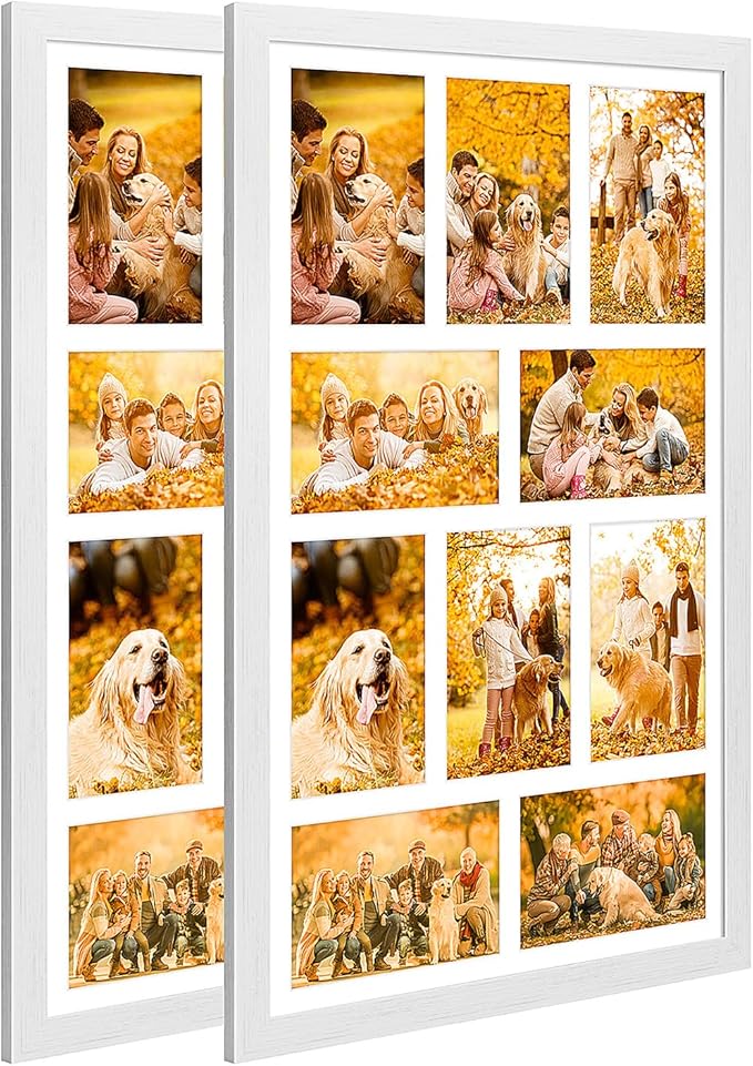 13x21 Collage frame with 10 Openings 4X6 Pictures, Multiple Picture Frame with Mat, Wall or Tabletop Decor, White Wood Grain,2 Pack