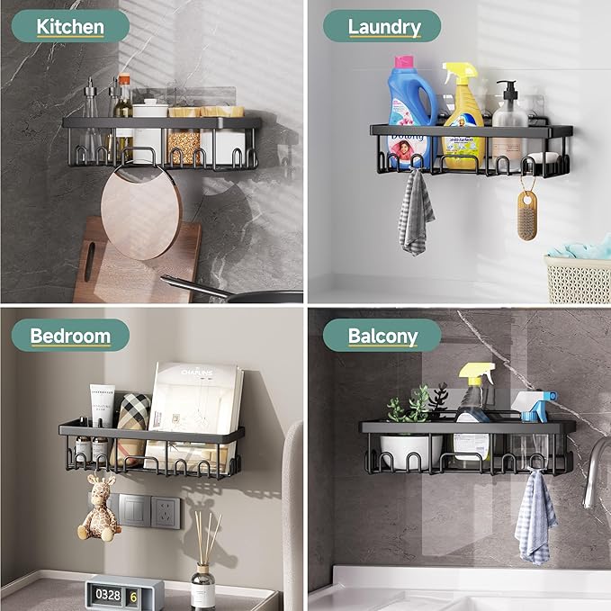 Veken Rustproof & Waterproof Shower Caddy 5-Pack, No Drilling Adhesive Wall Mounted Shower Shelves, Racks For Inside Shower, Large Bathroom Organizer Storage Accessories, Ideal for Home&Kitchen, Black