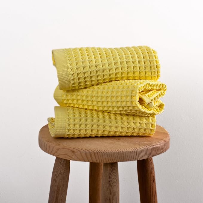 PÜSKÜL - Set of 3 Organic Waffle Hand Towel Yellow - Premium Quality, 100% Turkish Cotton, Soft, Quick-Dry, Absorbent, Lint-Free Face Kitchen Hand Towels (Light Yellow, Hand Towels - Pack of 3)