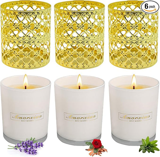 6 Pack Candles for Home Scented Aromatherapy Candles Gifts Set for Women, 3 Pack 120 Hour Long Lasting White Candles with 3 Gold Candle Holders, Mothers Day Gifts for Mom, Birthday Present