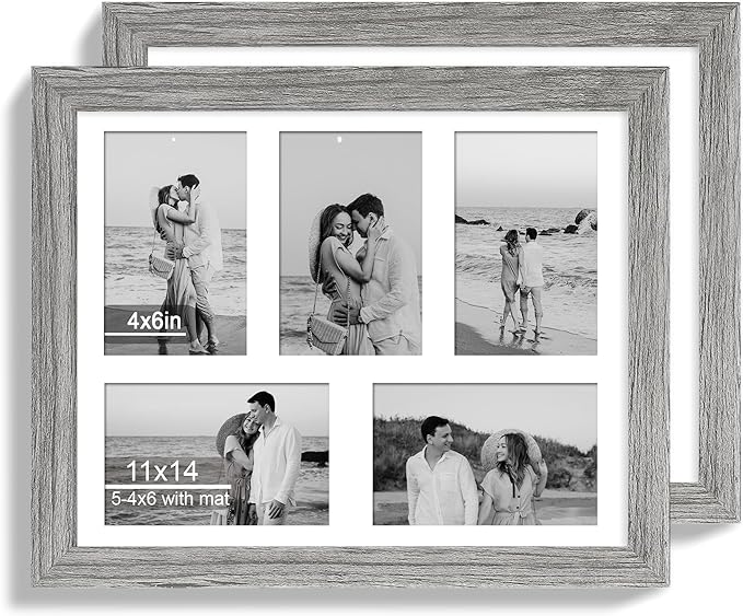 11x14 Picture Frame Set of 2, Grey Wood Frame with Real Glass Collage Picture Frames, Display Pictures Five 4x6 With Mat or 11 x 14 Without Mat, Photo Frames Wall Gallery