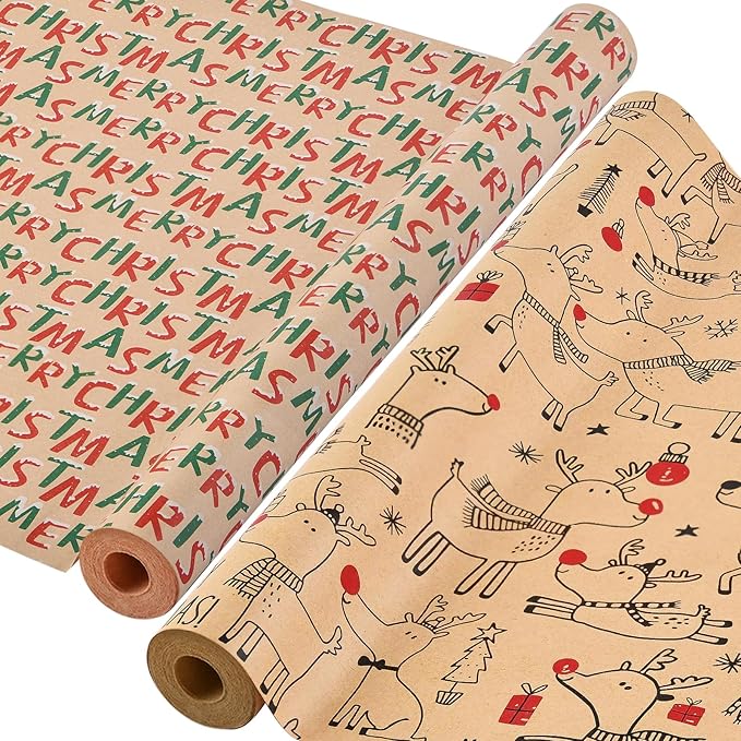 AhfuLife 2 Rolls Christmas Wrapping Paper, 17 Inch × 49.2 Feet Per Roll - Recyclable Kraft Xmas Wrapping Paper - Reindee Design for Kids Gift Box Birthday Party Decoration