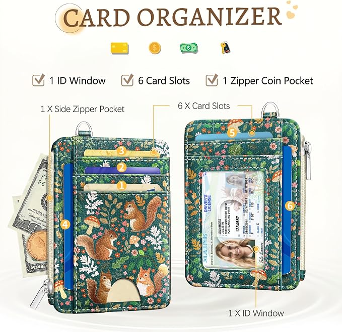 Kelvoris Credit Card Holder Small Wallet Women, Slim RFID, Cute Squirrels | Keychain, Zipper Coin Pocket, Front Pocket Thin Travel Card Case, Minimalist, 6 Card Slots, 1 ID Window, Ladies Gifts Woman
