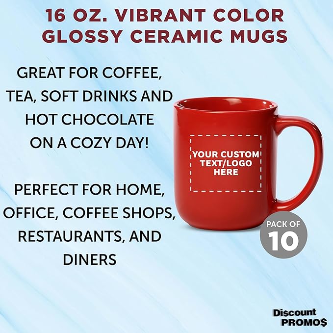 DISCOUNT PROMOS Custom Vibrant Color Glossy Ceramic Mugs 16 oz. Set of 10, Personalized Bulk Pack - Perfect for Tea, Espresso, Cappuccino, Hot Cocoa - Red