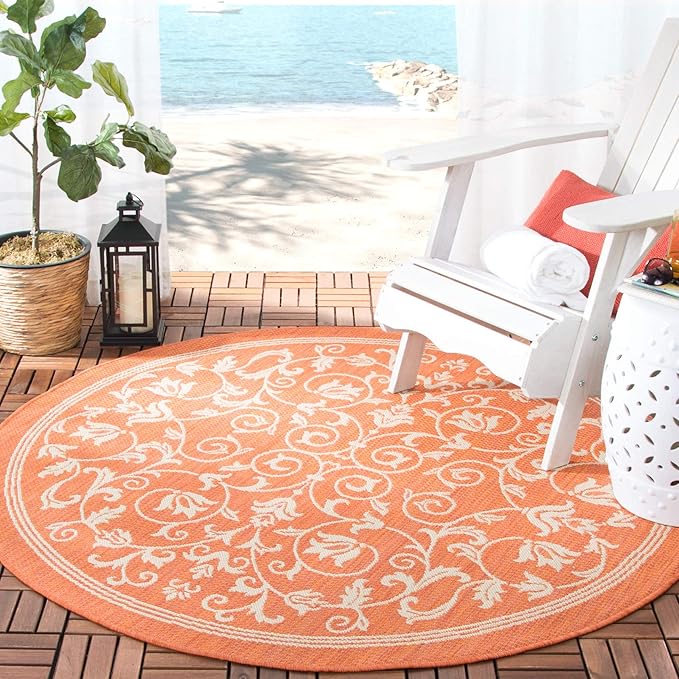 SAFAVIEH Washable Rug Outdoor Courtyard Collection - 7'10" Round, Terracotta & Natural, Non-Shedding & Easy Cleaning, Ideal for Patio, Backyard, Mudroom (CY2098-3202)