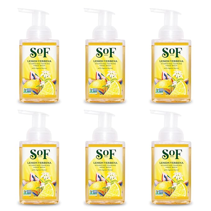 SoF Hydrating Foaming Hand Wash - With Organic Agave Nectar & Coconut Oil- Vegan & Non GMO- Free From Phthalates, Sulfates & Parabens- Lemon Verbena - 8 oz Bottle 6 Pack