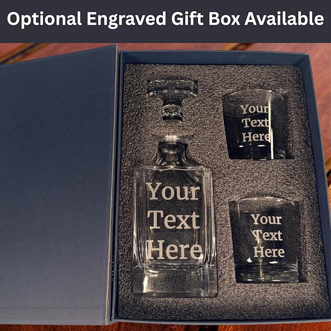 Gifts Inscribed Custom Text Whiskey Decanter & Glasses Set of 2 – Engraved Glass Cups Drinking Glasses Set of 2 – Personalized Whiskey Drinking Set – Customized Whisky Glassware Gift for Him