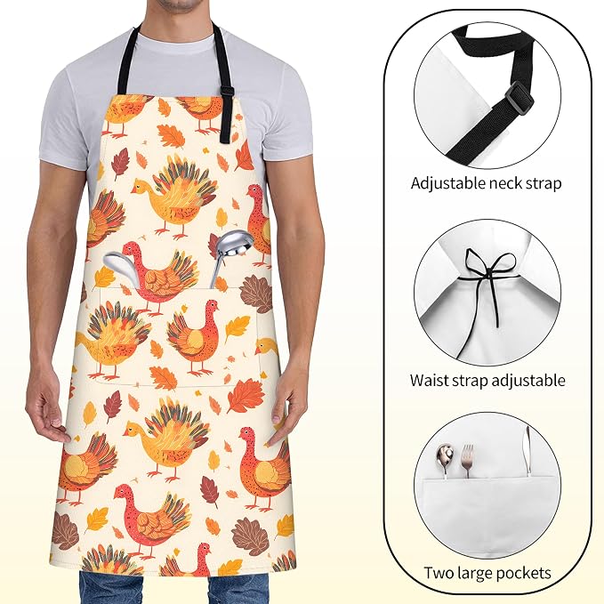 Cute Turkey Apron for Women with Thanksgiving,28x33in,Festive Fall Kitchen Aprons with 2 Pockets,Oxford Fabric,Autumn Adjustable Black Apron for Cooking Baking Gardening Chef,Gifts