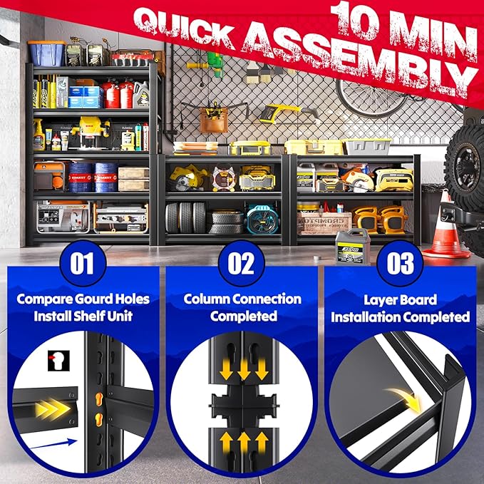 72"H Garage Shelving Adjustable Garage Shelves 3000LBS Storage Shelves,5-Tier Metal Shelving Unit Storage Shelf, Easy Assembly Utility Shelf for Warehouse, Basement, Black (72''H x 39.4''W x 13.7''D)