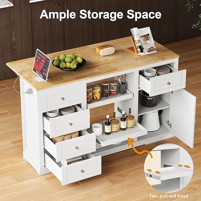 RoyalCraft 59'' Inch Kitchen Island with Storage and Drop Leaf, Island Table for Kitchen, Coffee Station Cabinet with Rubber Wood Top, Pull-Out Trays, Drawers, Adjustable Shelf, Power Outlet, White