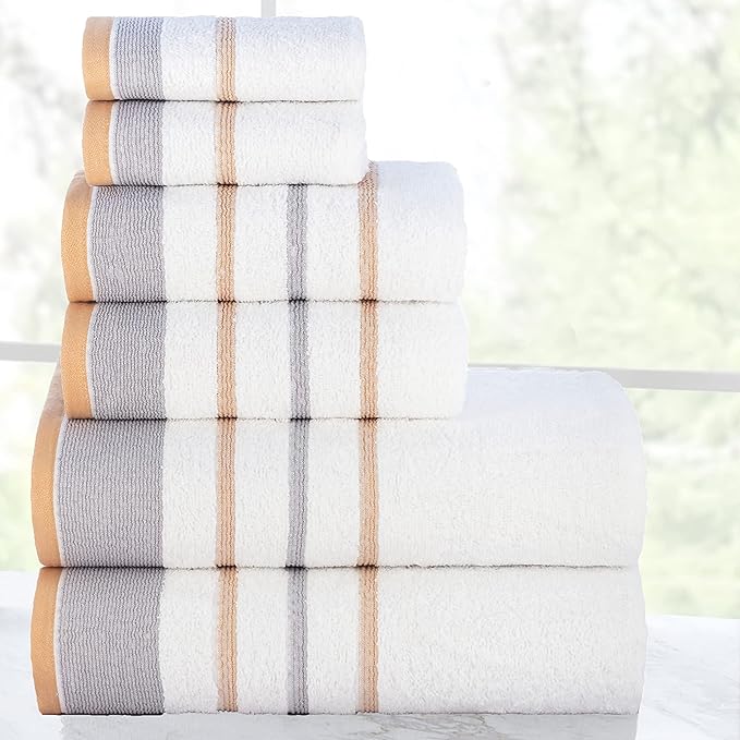 CASA COPENHAGEN White Bay, 6 Pieces Towel Set- White with Beige and Grey Violet Border, 600 GSM, 2Bath, 2Hand, 2Washcloths Egyptian Cotton Towel for Hotel Spa Kitchen Bathroom Kitchen & Shower