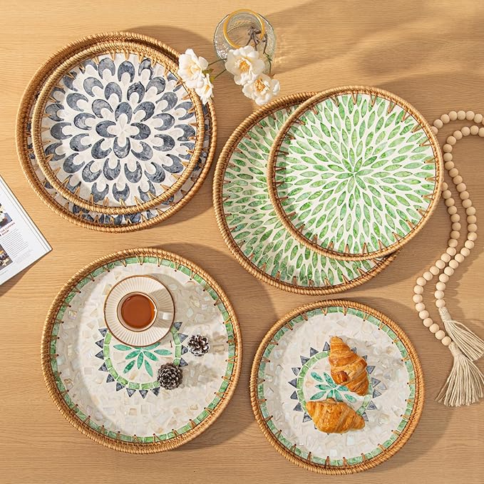 Round Rattan Tray Home Decor with Wood Bead Garland, 12'' Wicker Serving Tray with Mother of Pearl Inlay, Boho Decorative Tray for Coffee Table, Bathroom, Ottoman, Kitchen Table, Bathroom (Bohemian)