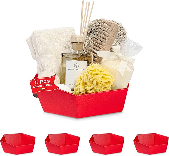 Pack of 5 Baskets for Gifts - Empty Gift Baskets to Fill Ideal for Christmas Gift Baskets and Valentines Day Presents | 8" x 6.69" x 2.75" Red Linen