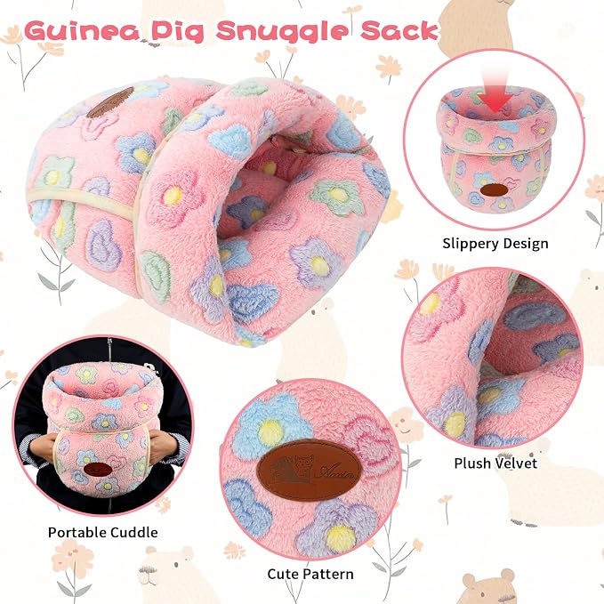 YUEPET Guinea Pig Bed Cuddle Cave, Warm Fleece Hideout, Pink Flower | Cozy Guinea Pig House, Portable Guinea Pig Hideout, Soft Coral Fleece, Washable Cushion