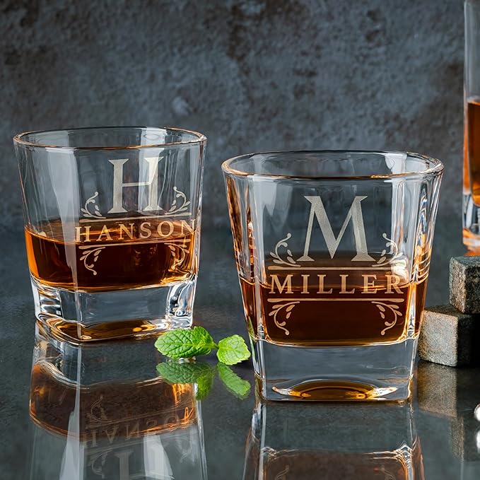 Amazing Items Set of 3 - Whiskey Gifts for Men, Personalized Whiskey Glasses w/Name & Initial - 9 Designs - 9 oz, Limited Edition Monogrammed Rocks Glasses for Whiskey, Dad Gifts