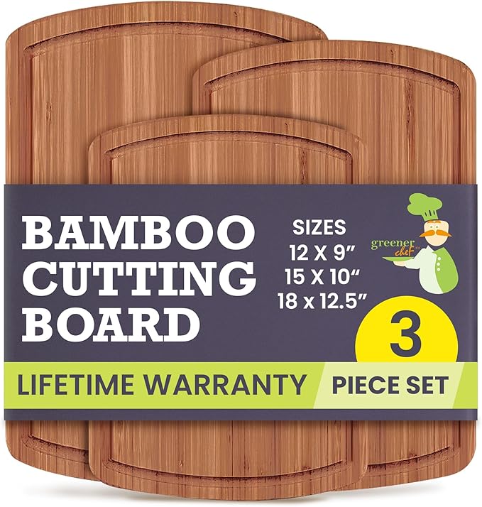 Organic Bamboo Wooden Cutting Board Set of 3 - Used to Chop Veggies, Carve Meat, Present Charcuterie at Mealtime Prep and Family Gatherings - Ideal for Professional and Busy Home Chefs - Dark