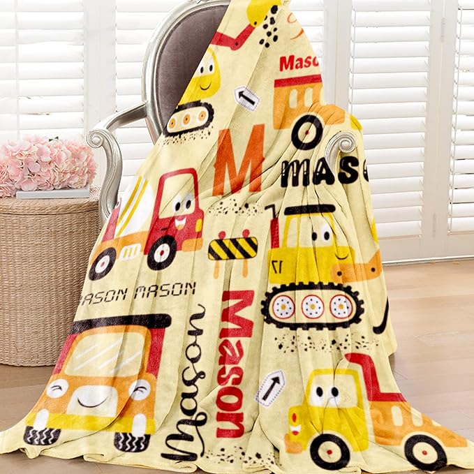 Custom Construction Blanket with Name for Boys Girls Kids, Personalized Name Blanket Construction Vehicles, Soft Flannel Blankets Customized Gift for Children Day Birthday Christmas-40 x50