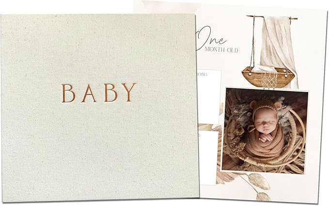 Peachly Unisex Baby Memory Book, Minimalist Baby First Year Keepsake for Milestones, Simple Baby Scrapbook for Boy Girl Milestones, Natural Linen (Haven)