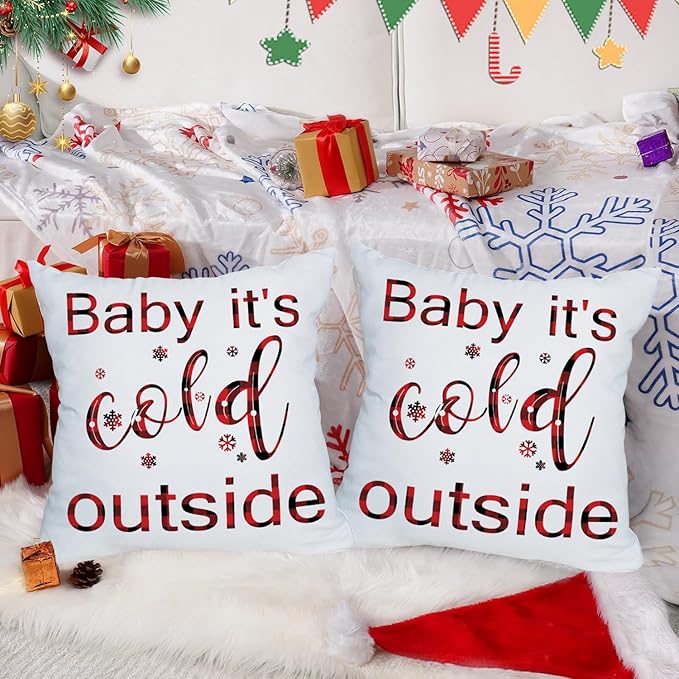Fukeen Winter Outdoor Merry Christmas Throw Pillow Covers 18x18 Inch Waterproof Red and Black Buffalo Plaids Baby It’s Cold Outside New Year Holiday Cushion Cases Snowflake Decor Double Sided