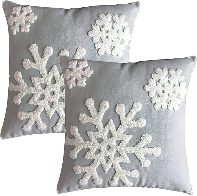 Elife Soft Square Christmas Snowflake Home Decorative Canvas Cotton Embroidery Throw Pillow Covers 18x18 Cushion Covers Pillowcases for Sofa Bed Chair (1 Pair, Grey)