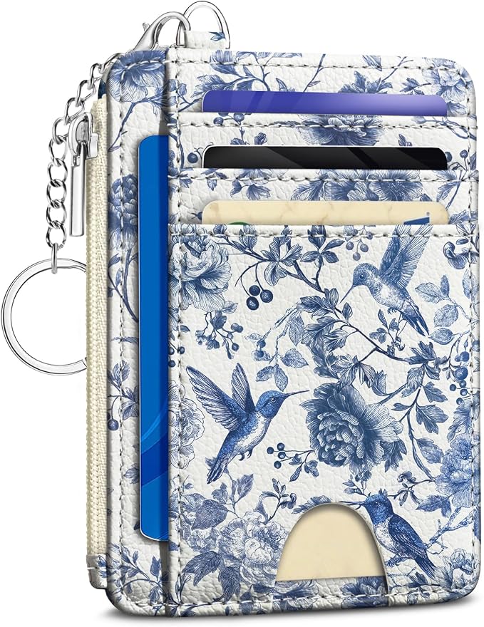 Kelvoris Credit Card Holder Small Wallet Women, Slim RFID, HummingBird | Keychain, Zipper Coin Pocket, Front Pocket Thin Travel Card Case, Minimalist, 6 Card Slots, 1 ID Window, Ladies Gifts Woman