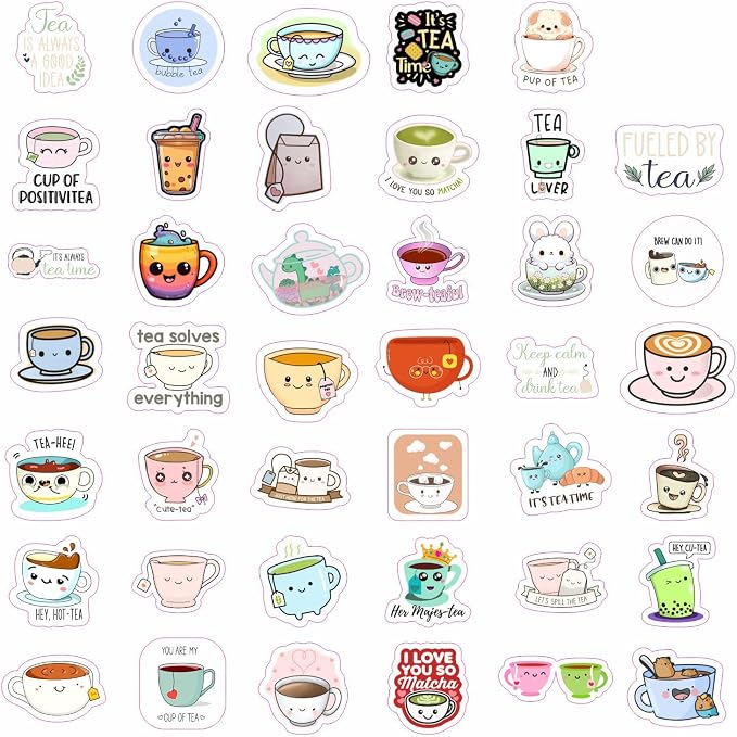 Cute Tea Cup Stickers, Tea Stickers for Water Bottle and Laptop - Tea Cup Party Supplies & Decorations, Waterproof Vinyl Drink Decals, Gifts for Women & Men