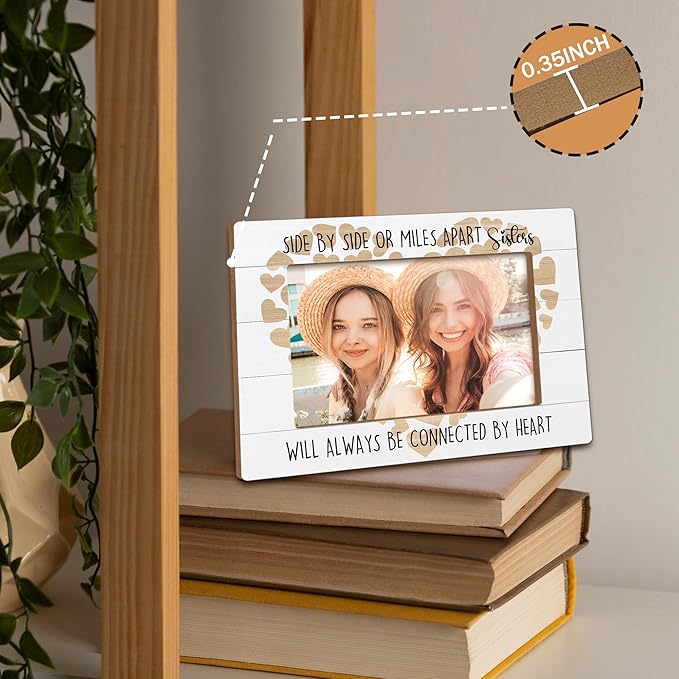 Sister Picture Frames, Gifts for Best Friends Women, Cousins Bff Girl Birthday Gift Wooden Photo Frames, Sisters Will Always Be Connected by Heart Picture Photo Frame for Desk Table 4X6 Photos