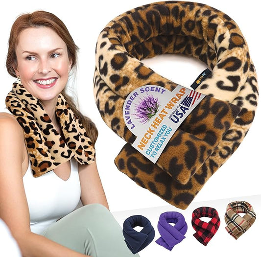 SunnyBay Microwave Heating Pad, Microwavable Heated Neck and Shoulder Wrap, Soothing Weighted Moist Heat or Ice Pack with Flaxseed and Lavender, 26x5 Inches, 2.5 lbs, Leopard