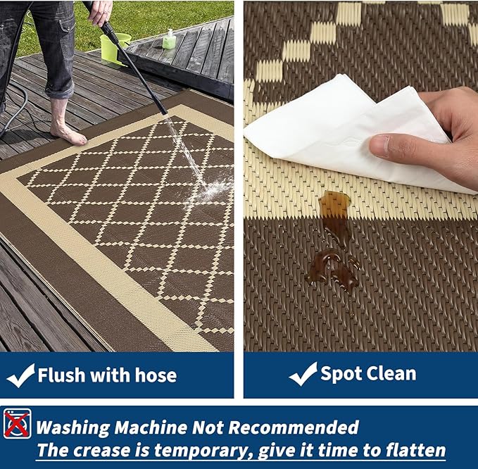 Outdoor Patio Rug 9x18 Waterproof Plastic Reversible Rug Modern UV Resistant Foldable Camping Mat Contemporary Geometric Outdoor Floor Mat for RV Backyard Deck Brown/Coffe