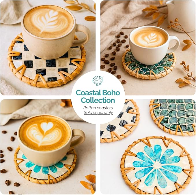JUNGLE CULTURE Large Rattan Serving Tray 14" with Mother of Pearl Inlay • Coastal Boho Collection • Handcrafted Serving Tray with Handles • Round Woven Table Trays for Home • Wicker Basket – Cascade
