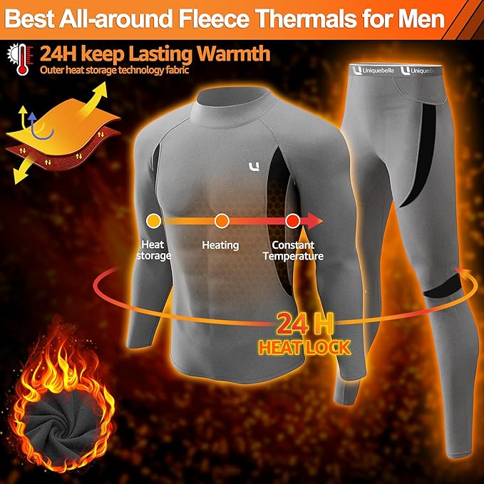 UNIQUEBELLA Men's Thermal Underwear Sets Top & Long Johns Fleece Sweat Quick Drying Thermo Base Layer