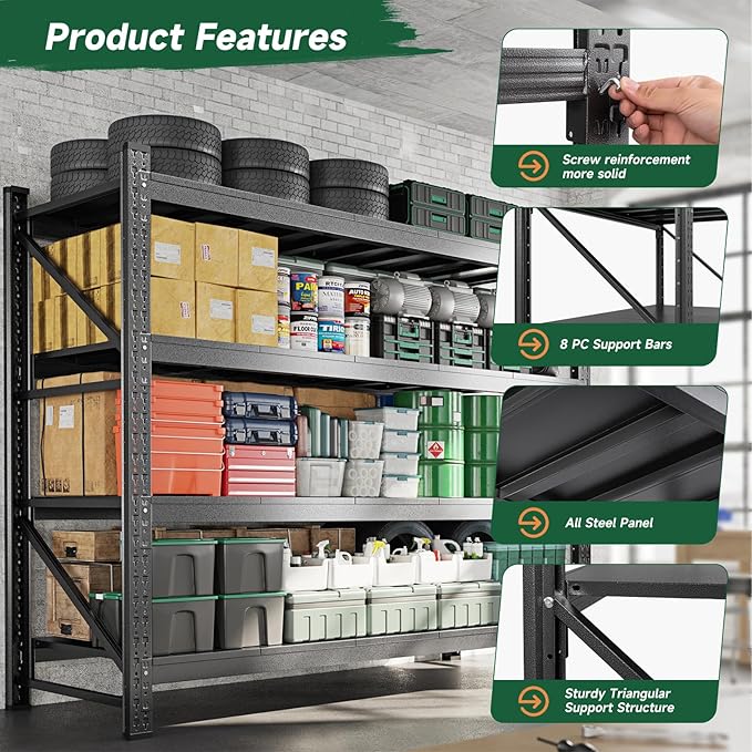 Letaya 8000LBS Storage Shelves Heavy Duty,75" W Garage Shelving Units, 4 Tier Adjustable Utility Rack Shelf,Large Metal Industrial Shelves,for Shop,Warehouse,Basement (75" W x 24" D x 70" H)