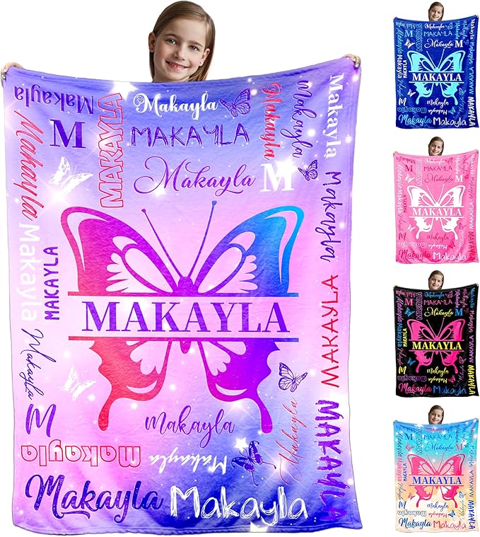 Custom Christmas Blanket for Kids, Personalized Throws Blankets Birthday Butterfly Rainbow Pattern Customized Gifts for Teen Girls Boys, Name Blanket for Baby Grandkids