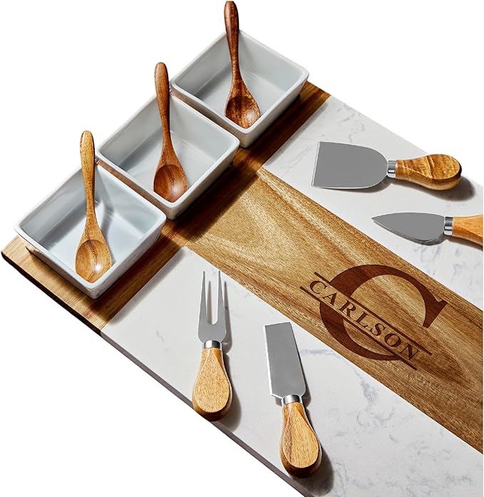 Personalized Housewarming Gift for New Home, Marble Wood Charcuterie Board, Custom Laser Engraved Cheese Serving Board, Realtor Closing Gift, New Apartment First Home Gift For Newlywed Couple, Friends