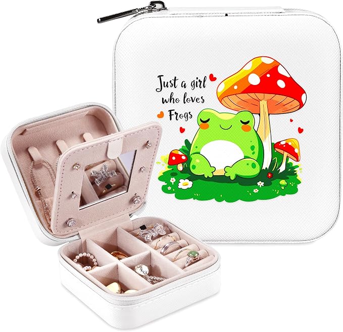 Frog Jewelry Box, Gifts For Teens Girls, Mushroom Frog Lovers Themed Stuff Items Accessories Things Merchandise Decor Merch, Travel Ring Earrings Necklace Organizer Holder!