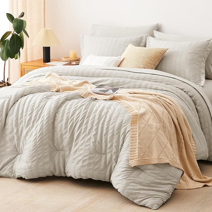 CozyLux Oversized Queen Comforter Set Beige Seersucker 7 Pieces 98x98 Bed in a Bag Comforter Set with Sheets, Luxury Soft Bedding Sets with Down Alternative Comforter, Sheets, Pillowcases & Shams