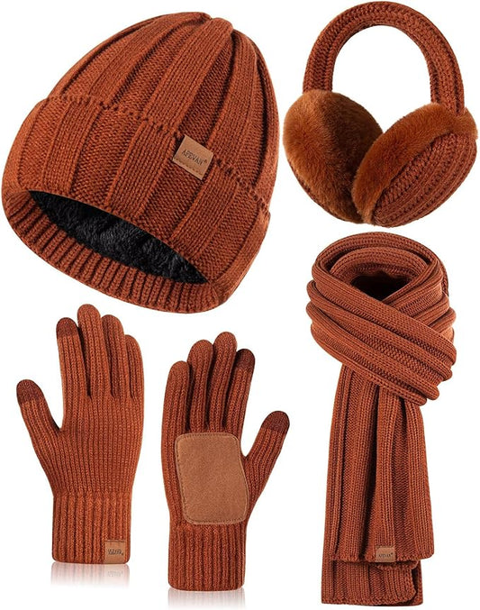 Winter Hat Gloves Scarf Earmuffs Set for Women, Fleece Lined Beanie Long Scarf Touchscreen Gloves Ear Warmer, 4 in 1 Gift Set