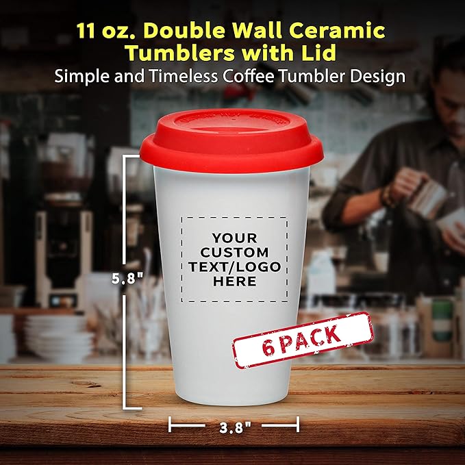 Personalized 11 oz. Double Wall Ceramic Tumblers with Lid - 6 Pack - Custom Text, Logo - Red
