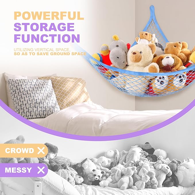 Stuffed Animal Net Hammock for Plushie Toys, Stuffed Animal Hammock Corner for Kids' Room Decor, Ideas for Organizing Stuffy Collection, 1 Pack, Blue