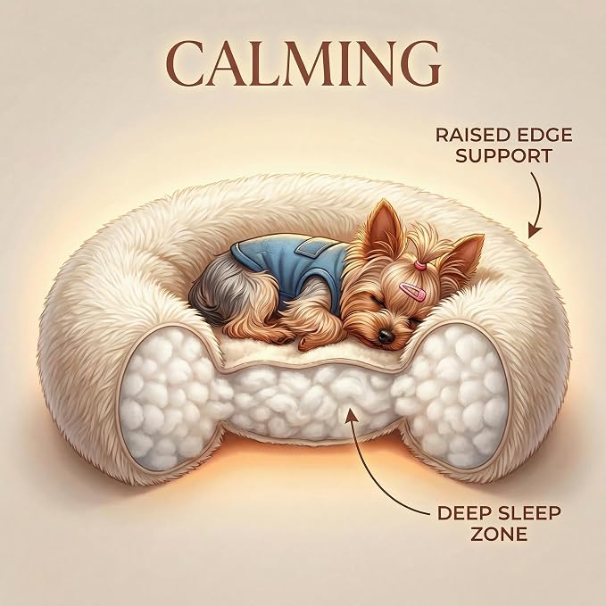Calming Donut Small Dog Bed for Chihuahua Yorkie Maltese Shih Tzu | 19 Inch Washable Puppy Bed,Ultra Soft Faux Fur Round Dog Bed,Beige