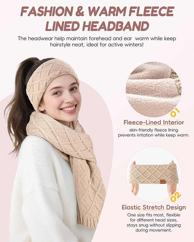 Womens Winter Hat Gloves Scarf Headband Set, Pom Pom Beanie Long Scarf Touchscreen Gloves Ear Warmer, 4 in 1 Warm Gift Set