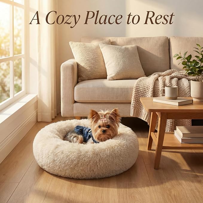 Calming Donut Small Dog Bed for Chihuahua Yorkie Maltese Shih Tzu | 19 Inch Washable Puppy Bed,Ultra Soft Faux Fur Round Dog Bed,Beige