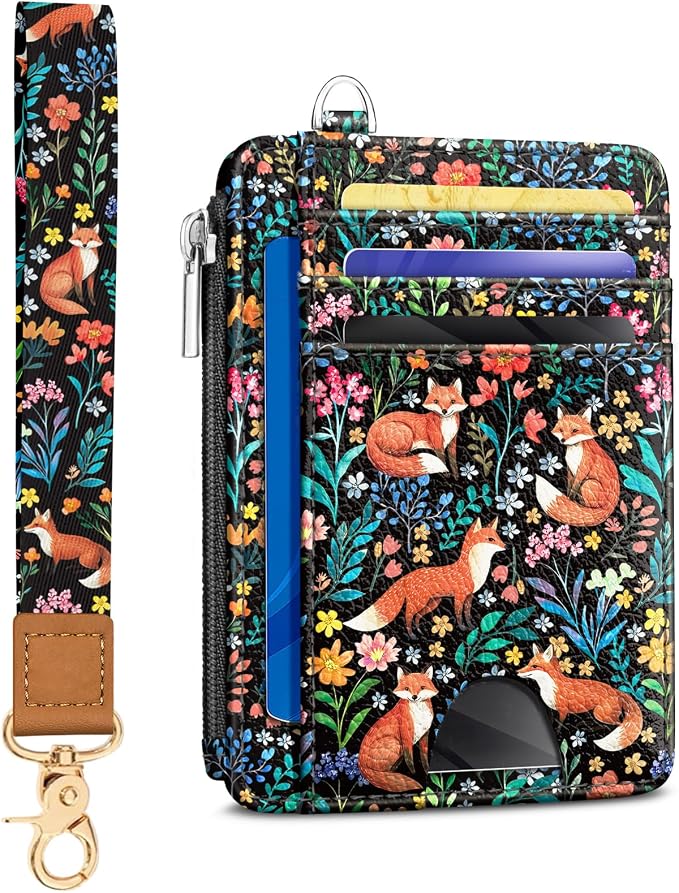 Kelvoris Credit Card Holder Small Wallet Women, Slim RFID, Cute Fox Flower | Keychain, Zipper Coin Pocket, Front Pocket Thin Travel Card Case, Minimalist, 6 Card Slots, 1 ID Window, Ladies Gifts Woman
